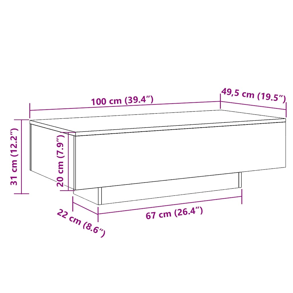 Table basse artisanale en chêne 100x49,5x31 cm en bois