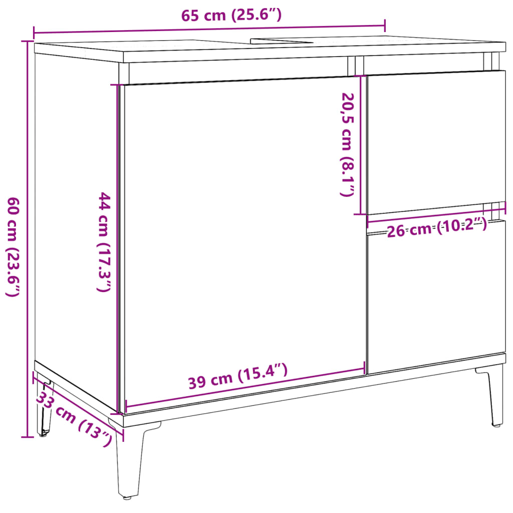 Meuble sous évier aspect bois de récupération 65x33x60 cm en matériau bois