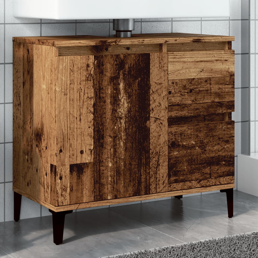 Meuble sous évier aspect bois de récupération 65x33x60 cm en matériau bois