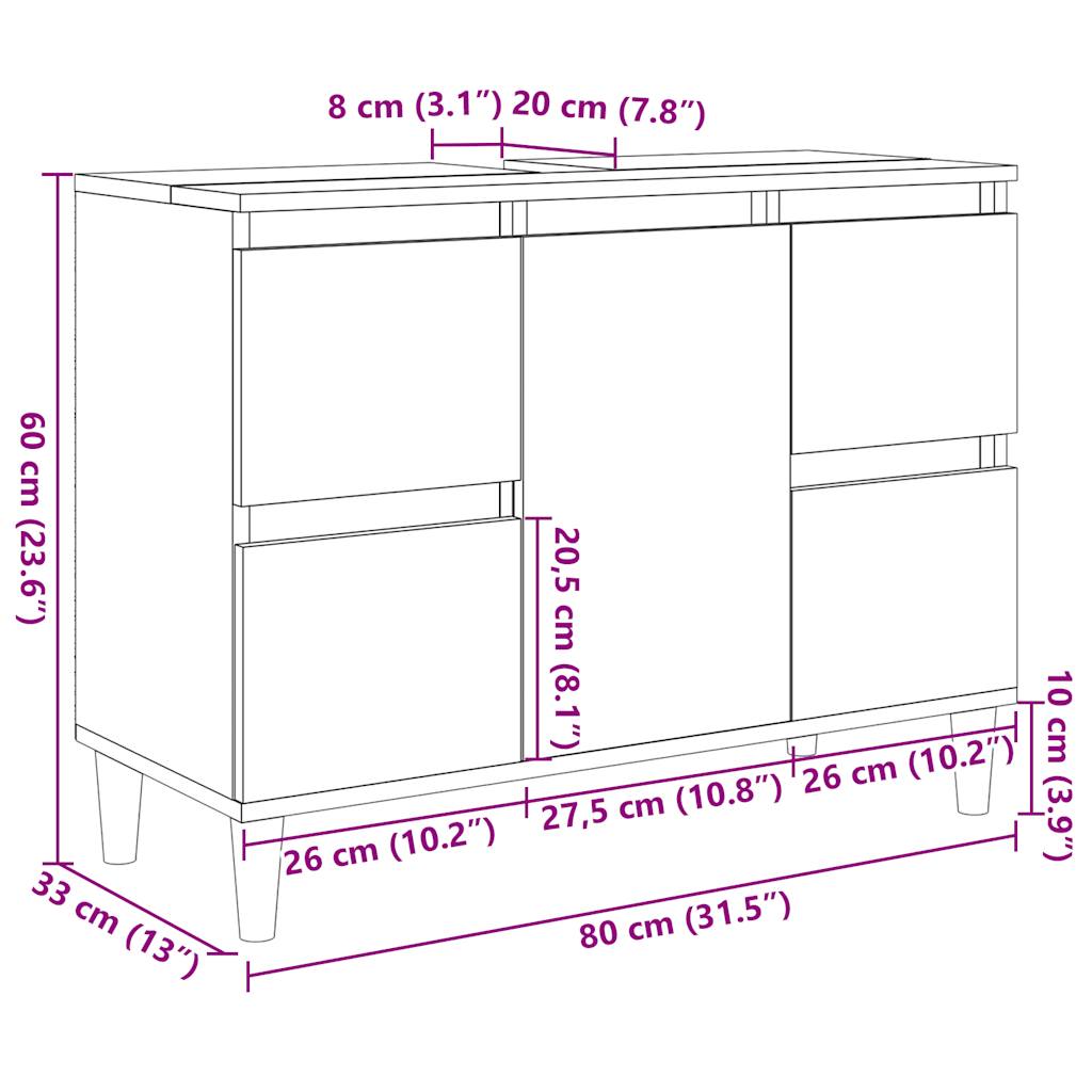 Meuble sous évier gris béton 80x33x60 cm en bois