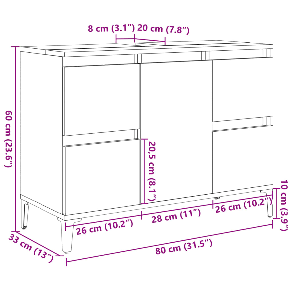 Meuble sous évier gris béton 80x33x60 cm en bois