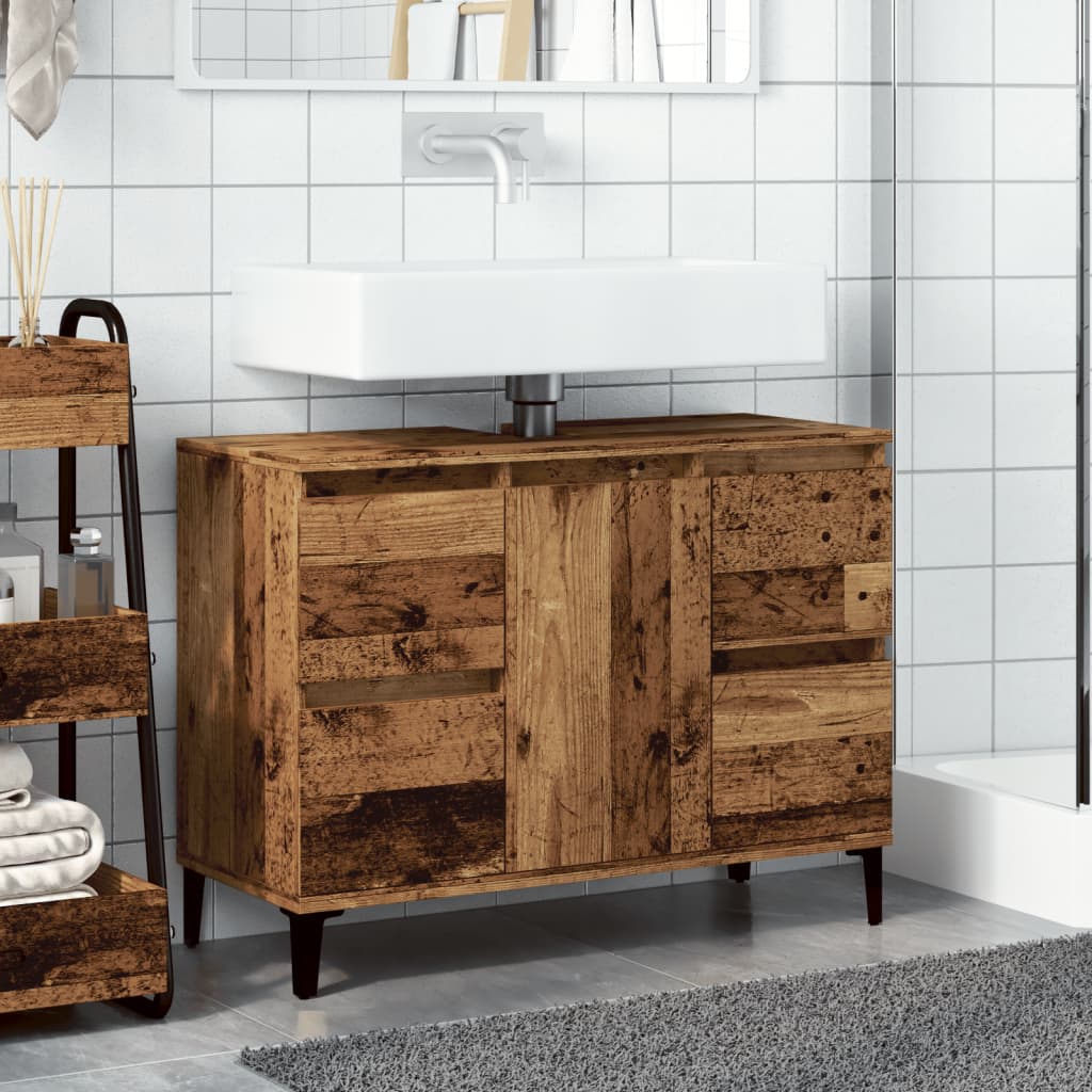 Meuble sous lavabo aspect bois de récupération 80x33x60 cm en matériau bois