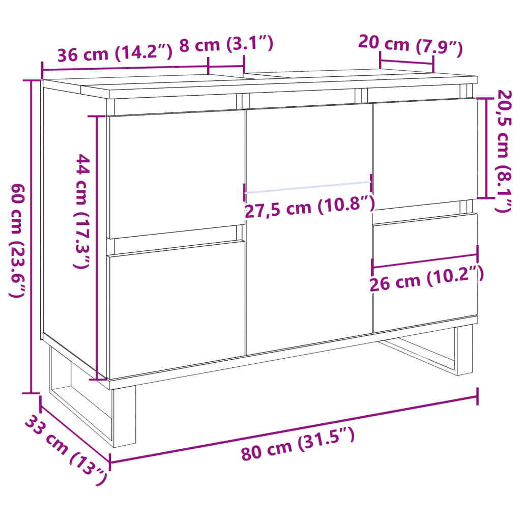 Meuble sous évier gris béton 80x33x60 cm en bois