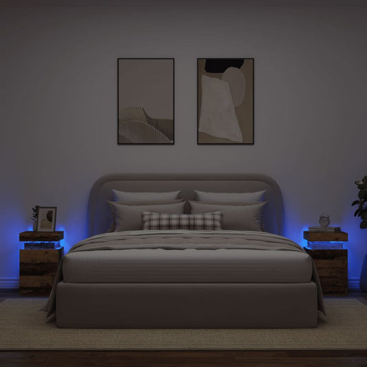 Tables de chevet LED, lot de 2, aspect bois de récupération, dimensions : 35 x 39 x 55 cm.