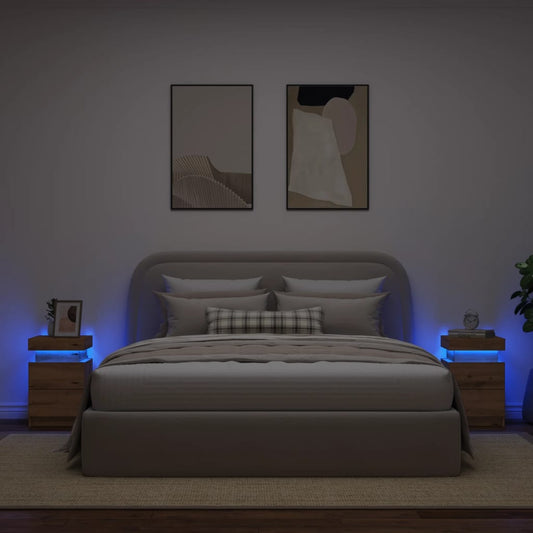 Tables de chevet LED, lot de 2. Chêne artisanal, 35 x 39 x 55 cm.