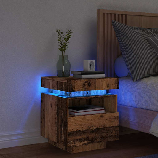 Bedside table with LED lights, reclaimed wood look, 40 x 39 x 48.5 cm