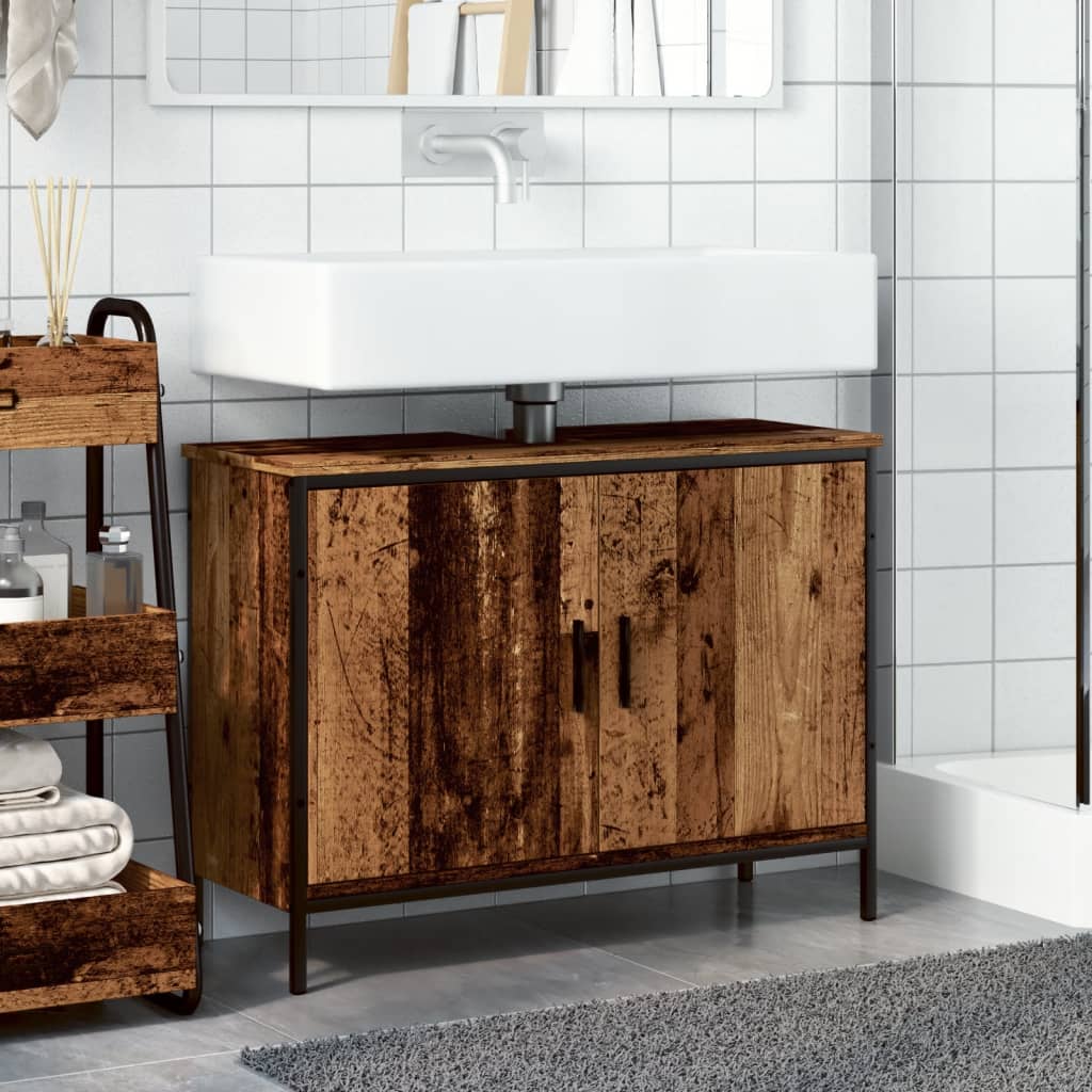 Meuble sous lavabo aspect bois de récupération 80x30x60 cm en matériau bois