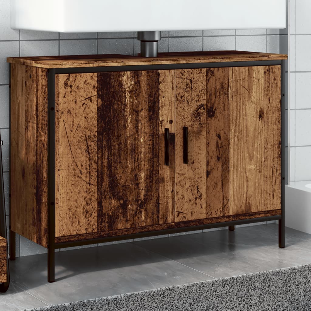 Meuble sous lavabo aspect bois de récupération 80x30x60 cm en matériau bois