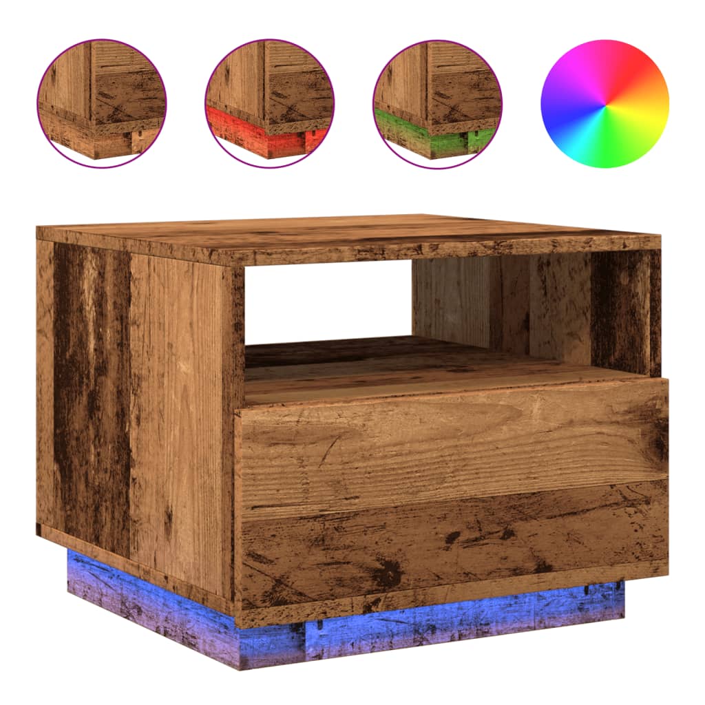 Coffee table with LED lights old wood look 50x49x40 cm