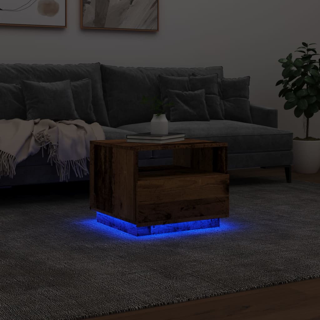 Coffee table with LED lights old wood look 50x49x40 cm