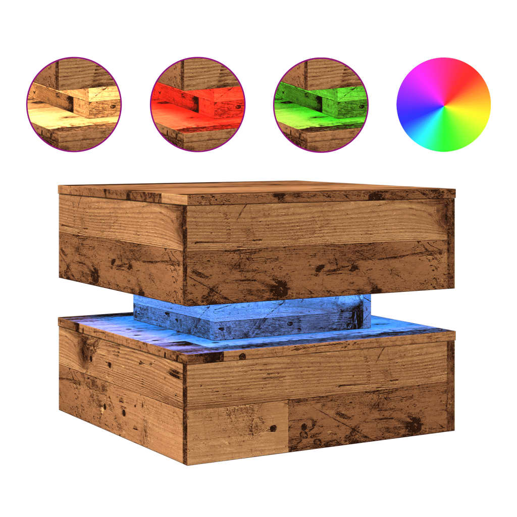 Coffee table with LED lights old wood look 50x50x40 cm