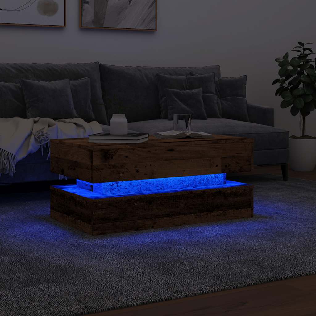 Coffee table with LED lights old wood look 90x50x40 cm