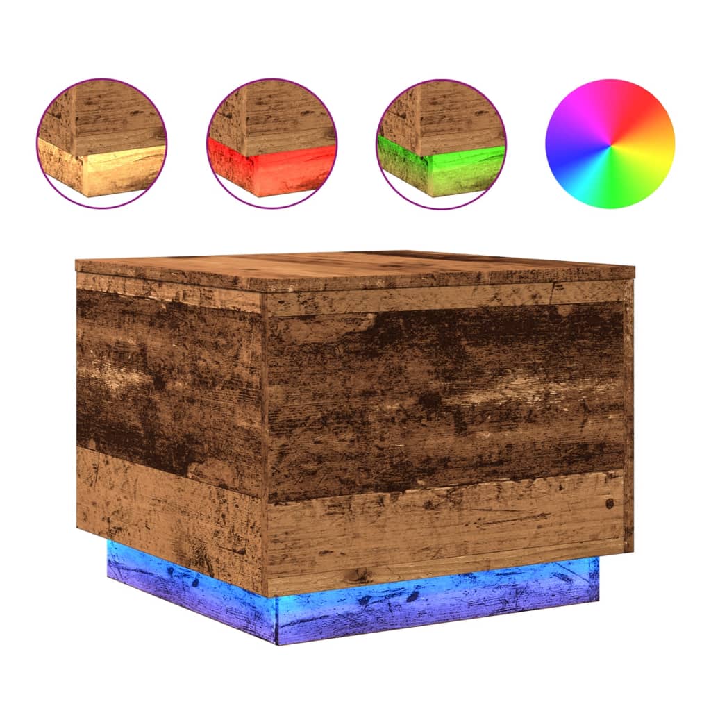 Coffee table with LED lights old wood look 50x50x40 cm