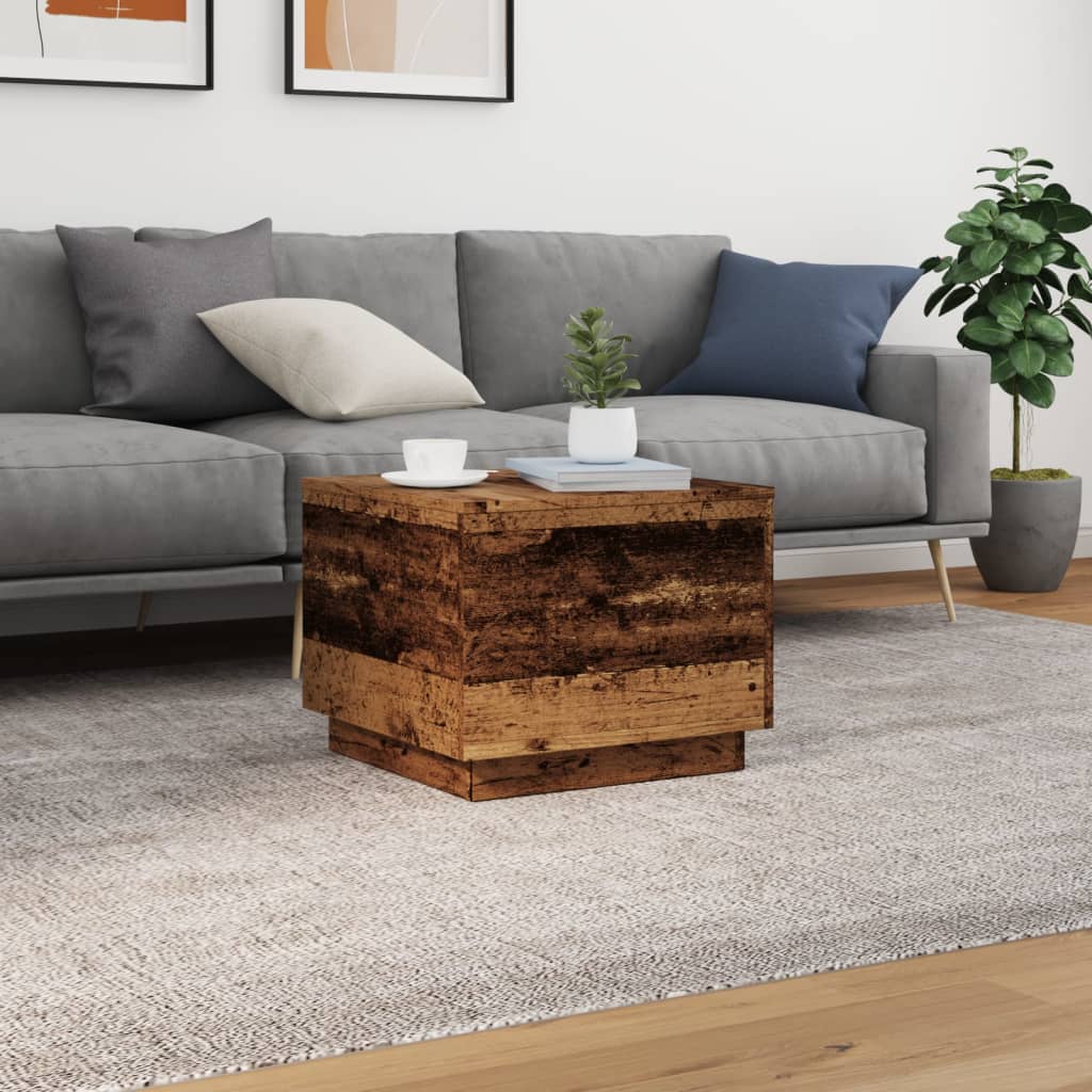 Coffee table with LED lights old wood look 50x50x40 cm
