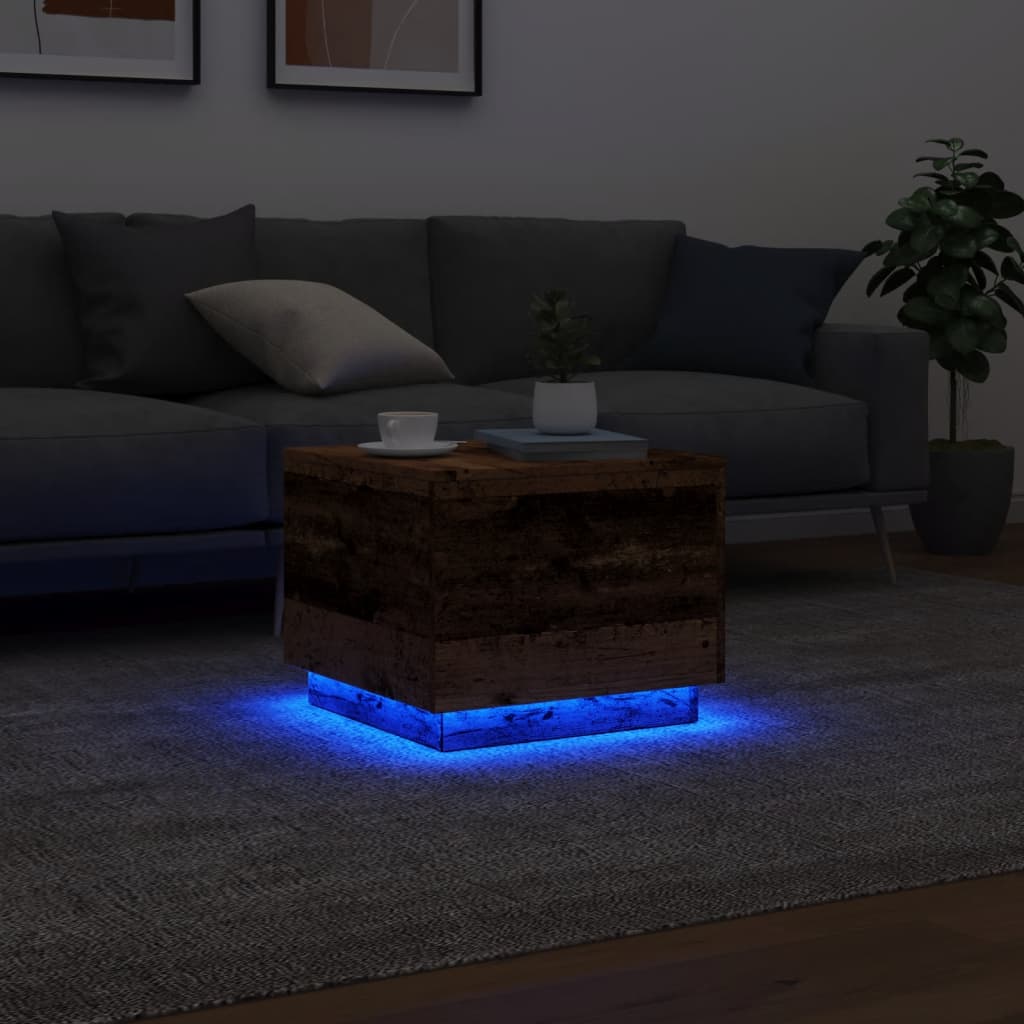 Coffee table with LED lights old wood look 50x50x40 cm