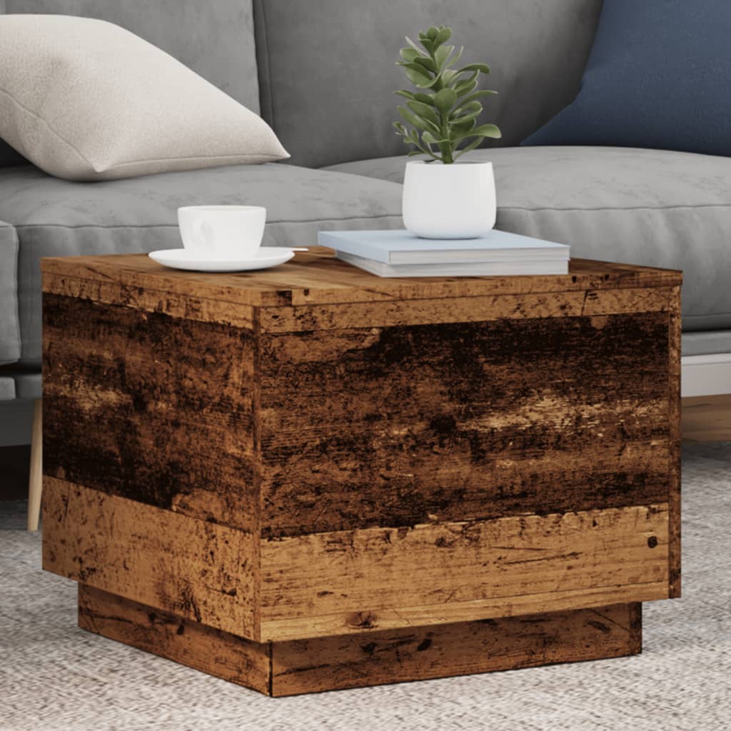 Coffee table with LED lights old wood look 50x50x40 cm