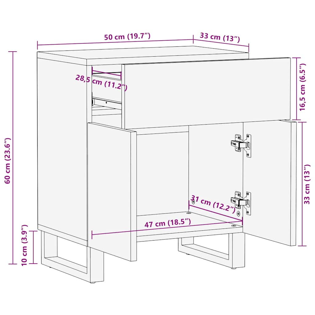 Bedside table black 50x33x60 cm solid mango wood