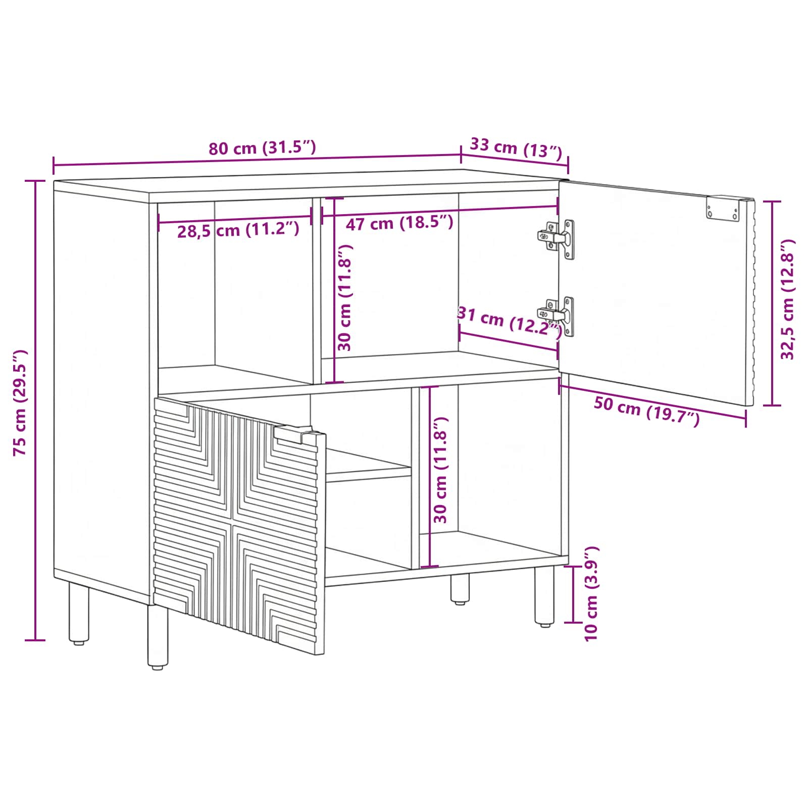 Sideboard mit Regal Braun 80 x 33 x 75 cm Massivholz Mango