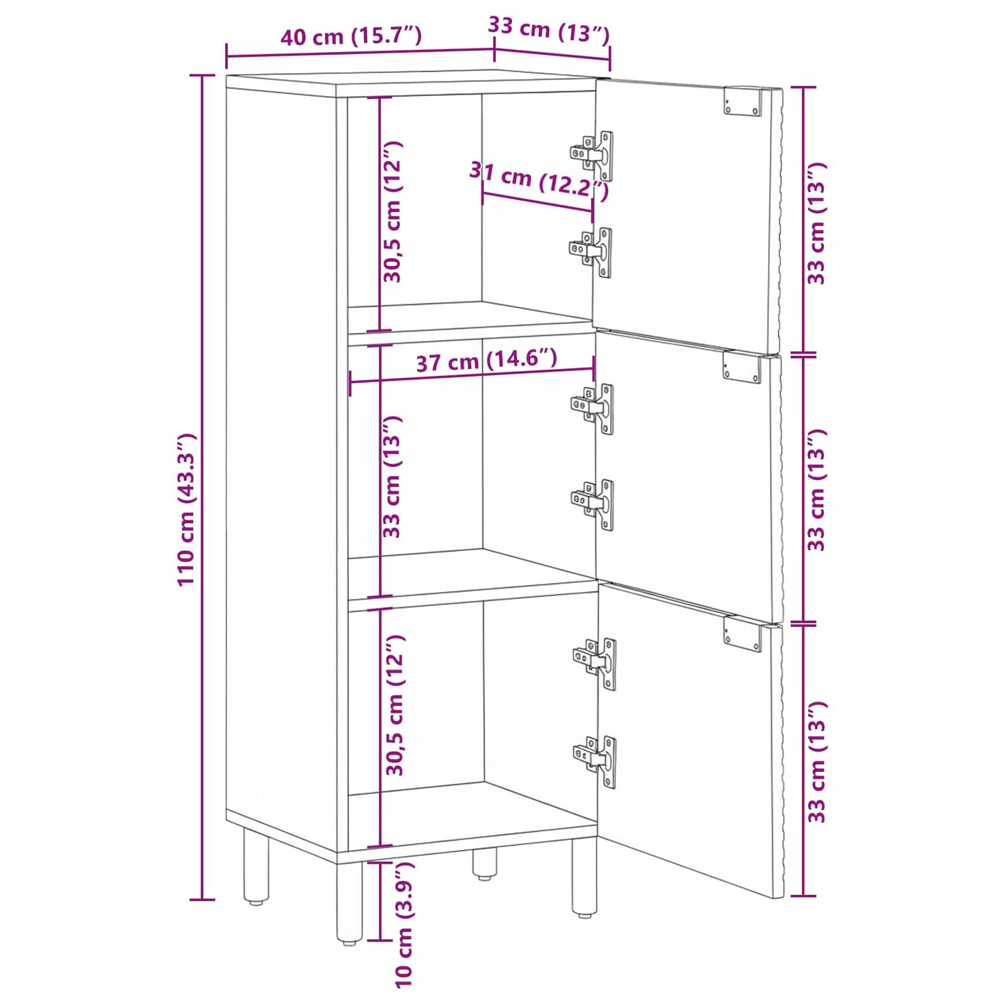 Highboard mit Regal Braun 40 x 33 x 110 cm Massivholz Mango