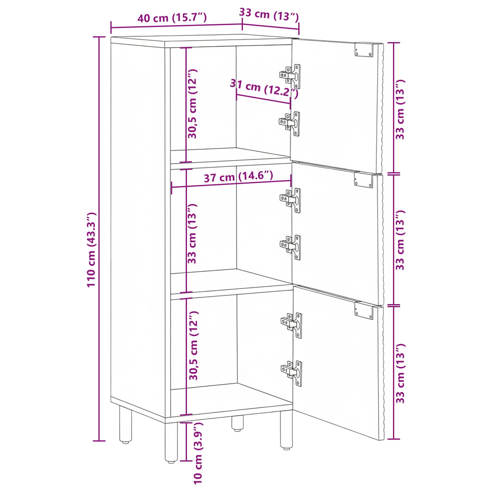 Highboard mit Regal Braun 40 x 33 x 110 cm Massivholz Mango