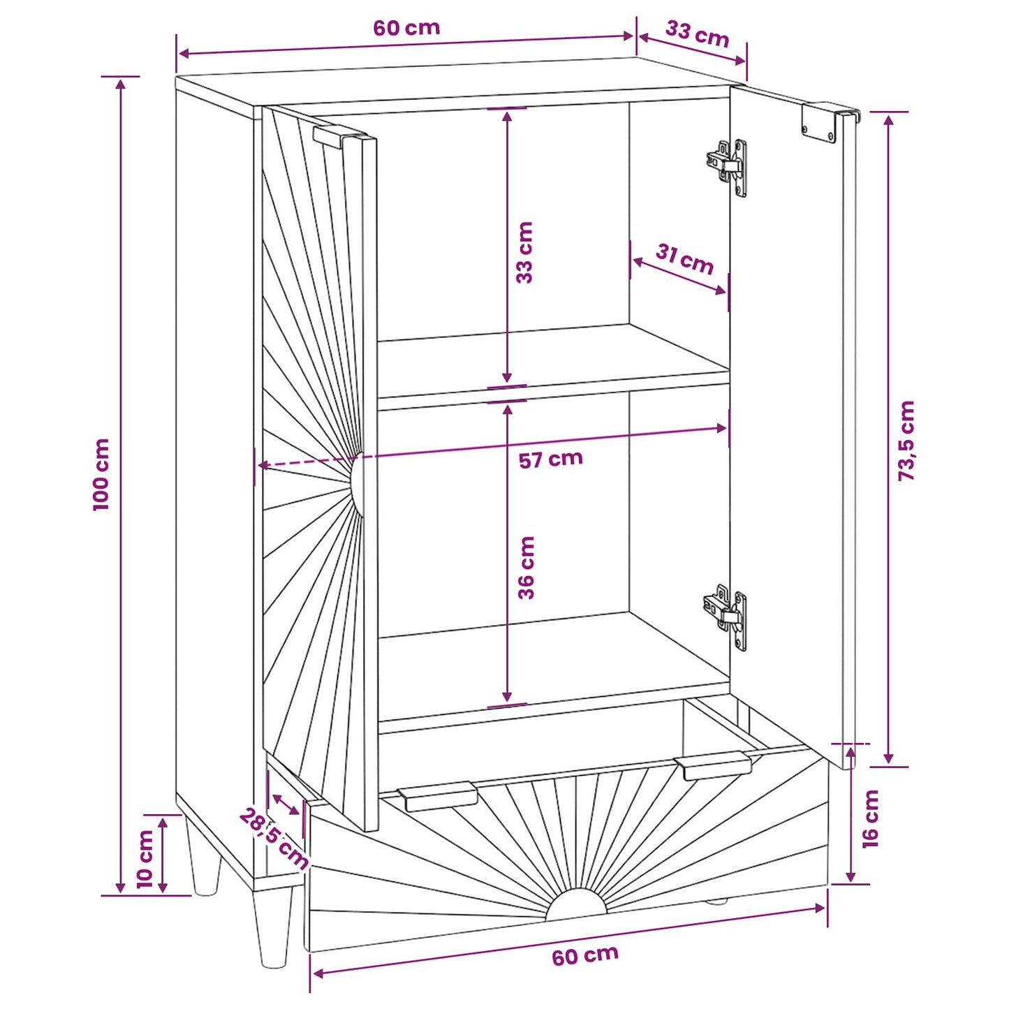 Seitenschrank mit Speicher Schwarz und Gold 60 x 33,5 x 100 cm