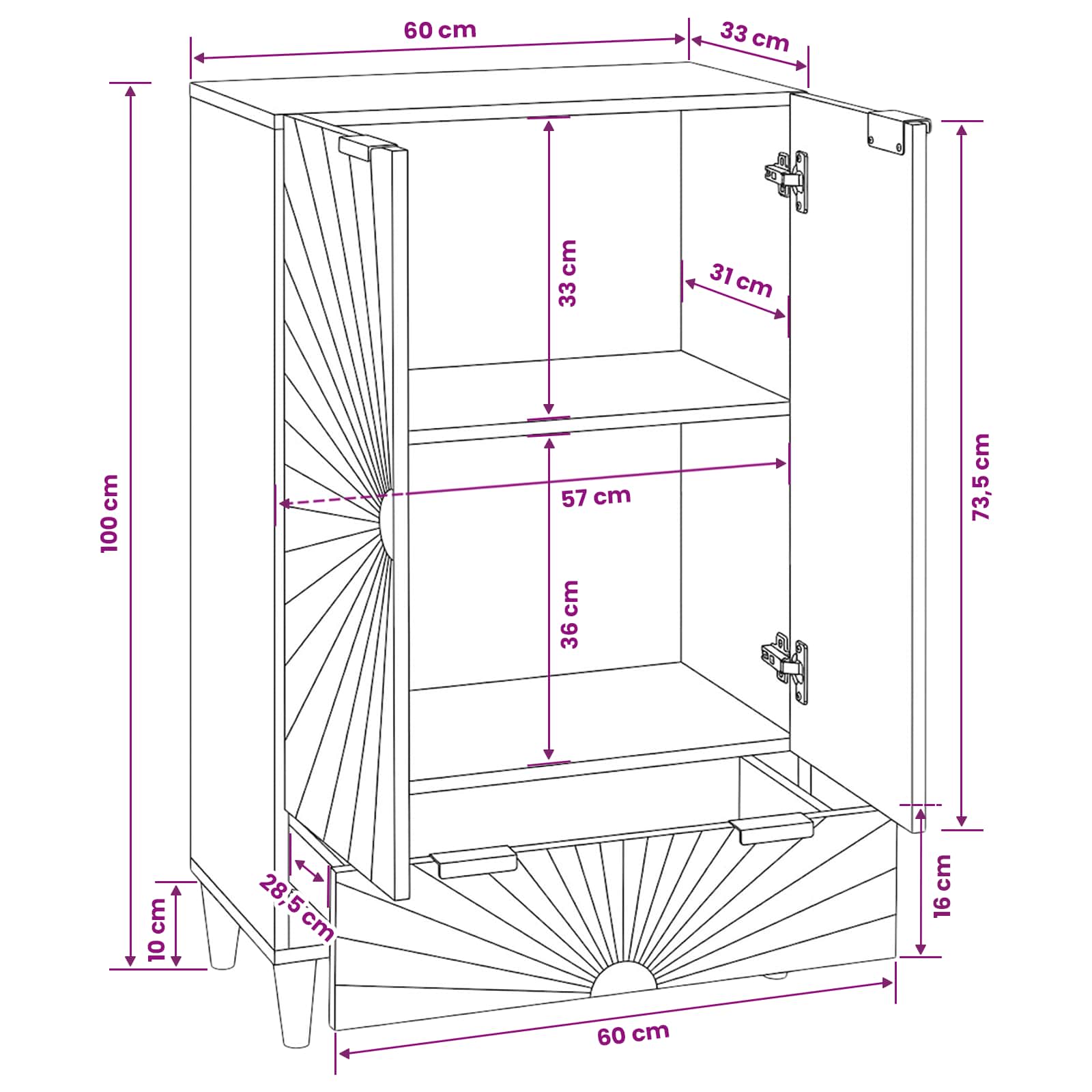 Seitenschrank mit Speicher Schwarz und Gold 60 x 33,5 x 100 cm