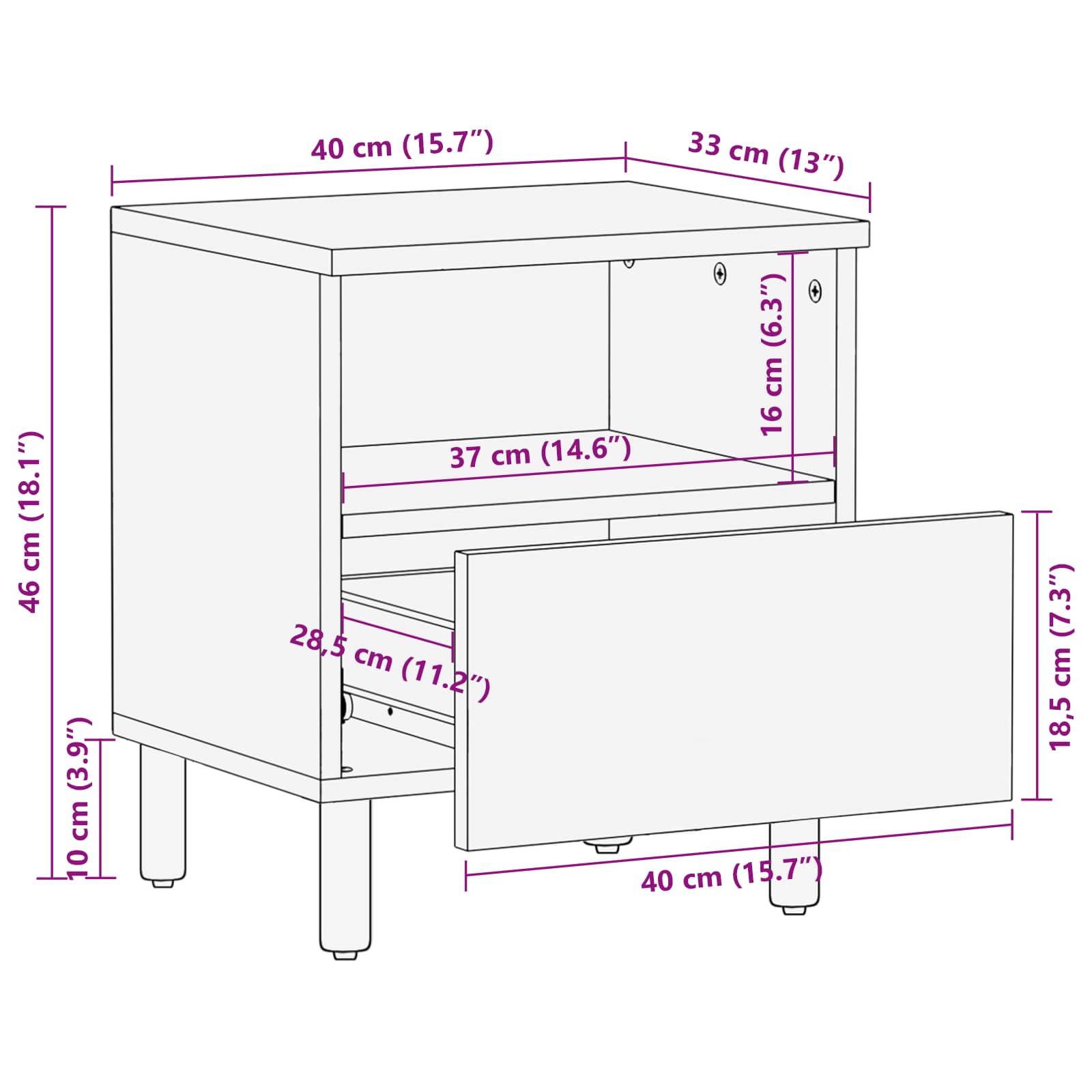 Nachttisch mit Schubladen Weiß 40 x 33 x 46 cm Massivholz Mango
