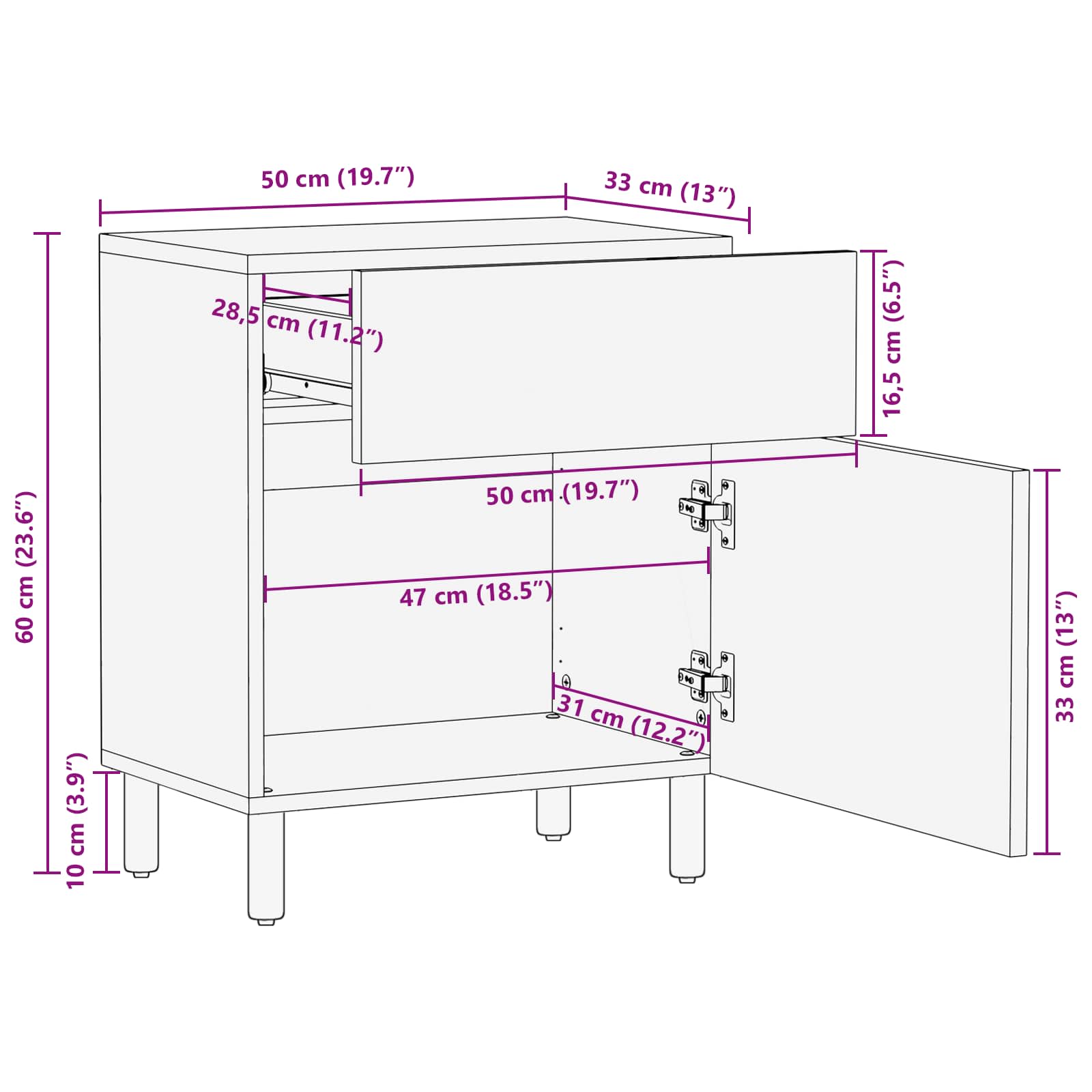 Nachttisch mit Schubladen Weiß 50 x 33 x 60 cm Massivholz Mango