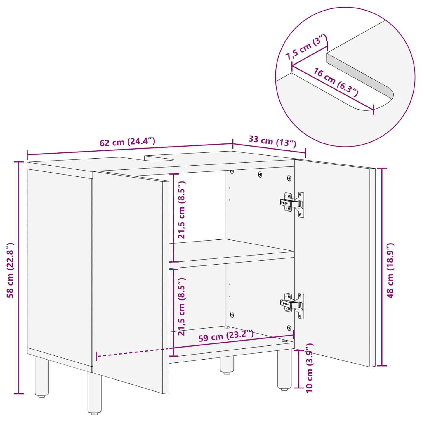 Waschbeckenschrank Weiß 62 x 33 x 58 cm Massivholz Mango