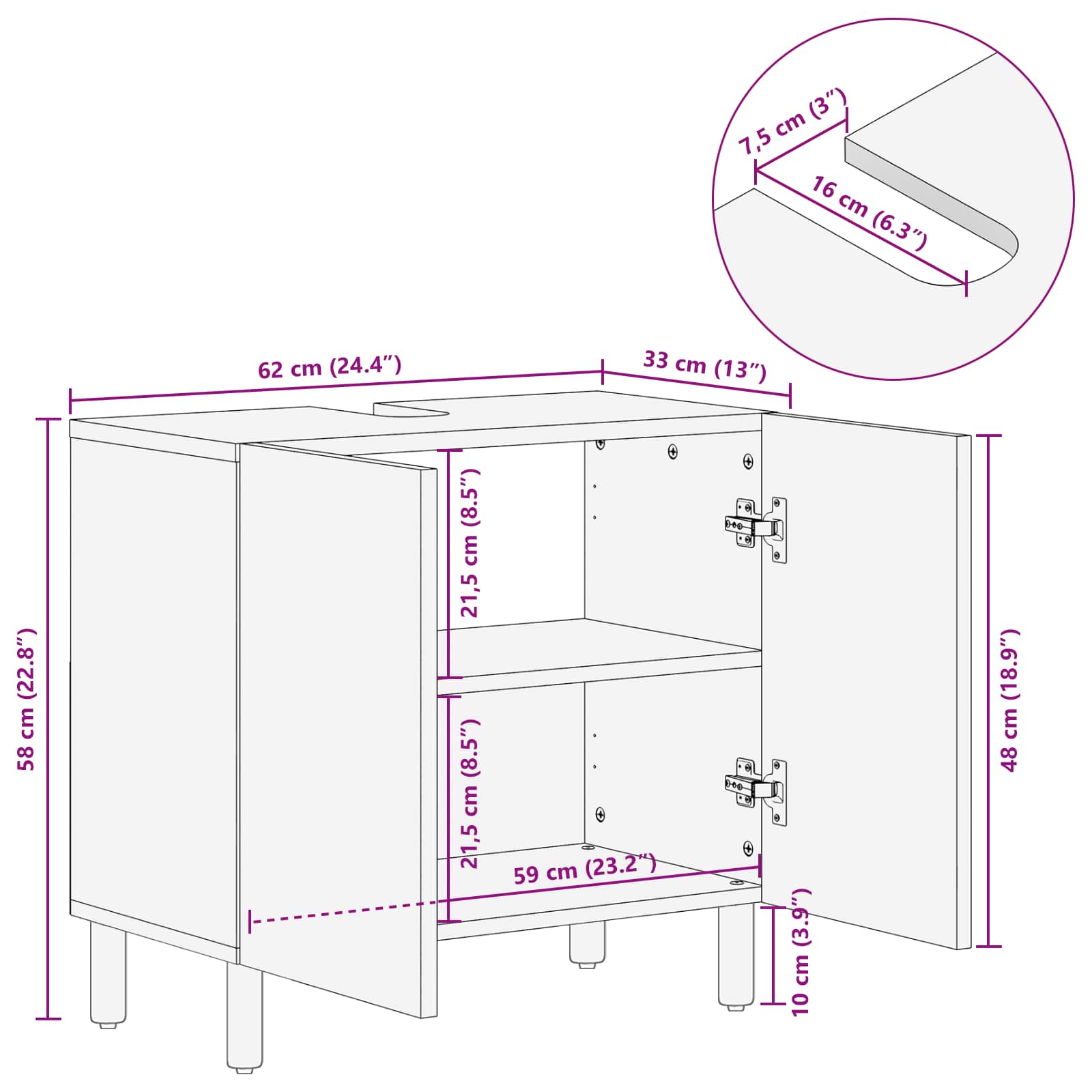 Waschbeckenschrank Weiß 62 x 33 x 58 cm Massivholz Mango