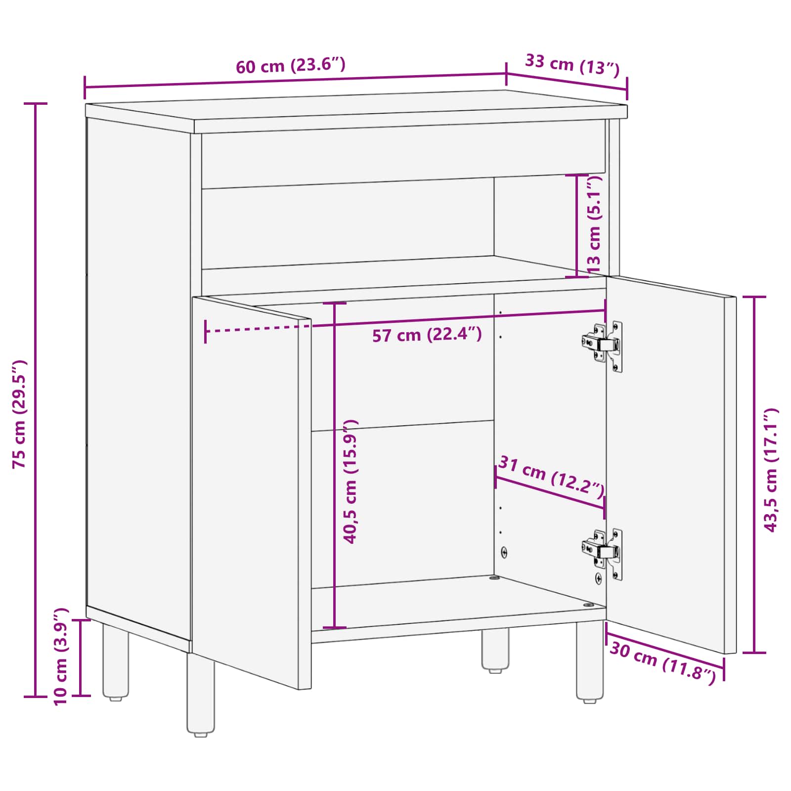 Sideboard mit Tür Weiße gewaschene Oberfläche 60 x 33 x 75 cm