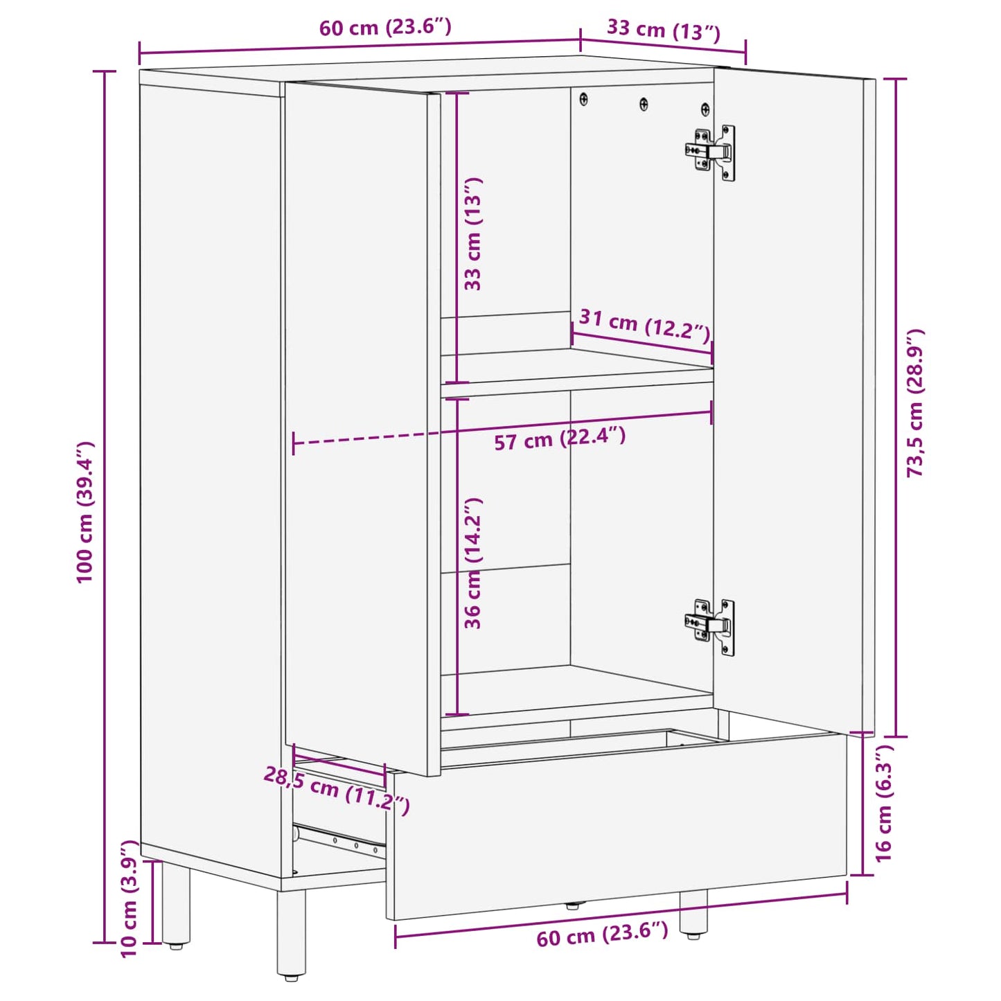 Highboard mit Tür Weiße gewaschene Oberfläche 60 x 33 x 100 cm
