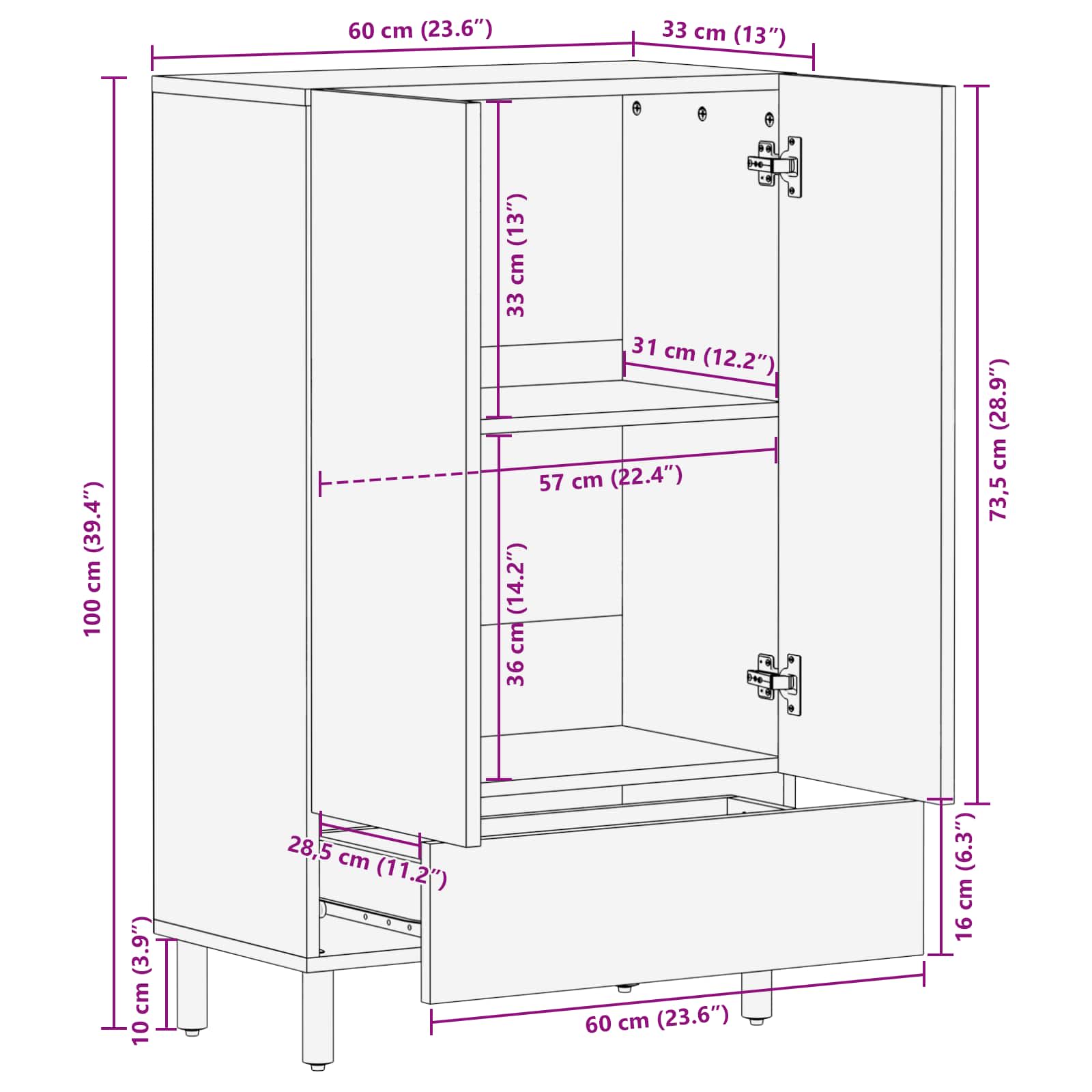 Highboard mit Tür Weiße gewaschene Oberfläche 60 x 33 x 100 cm