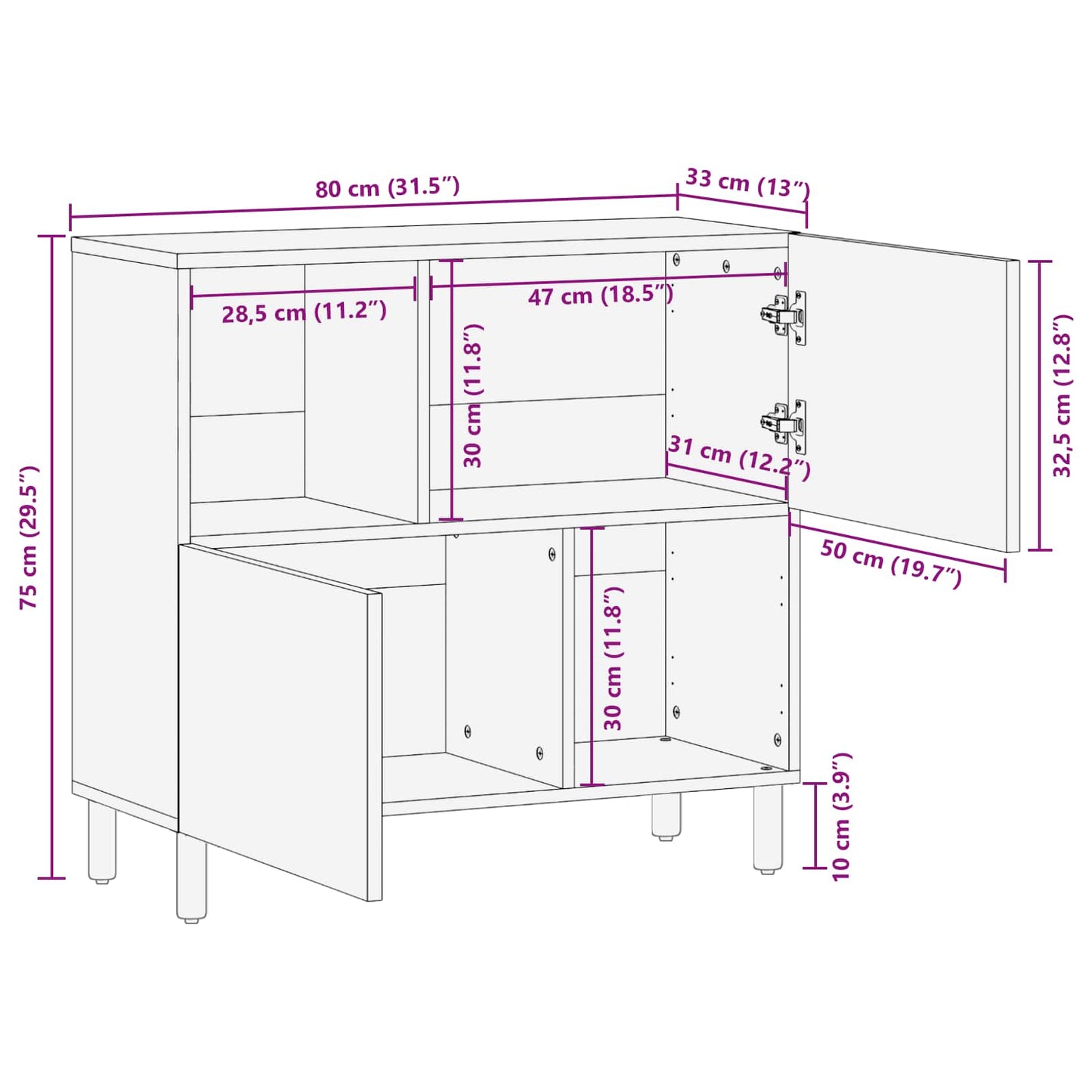 Sideboard mit Speicher Akazienbraune Oberfläche 80 x 33 x 75 cm