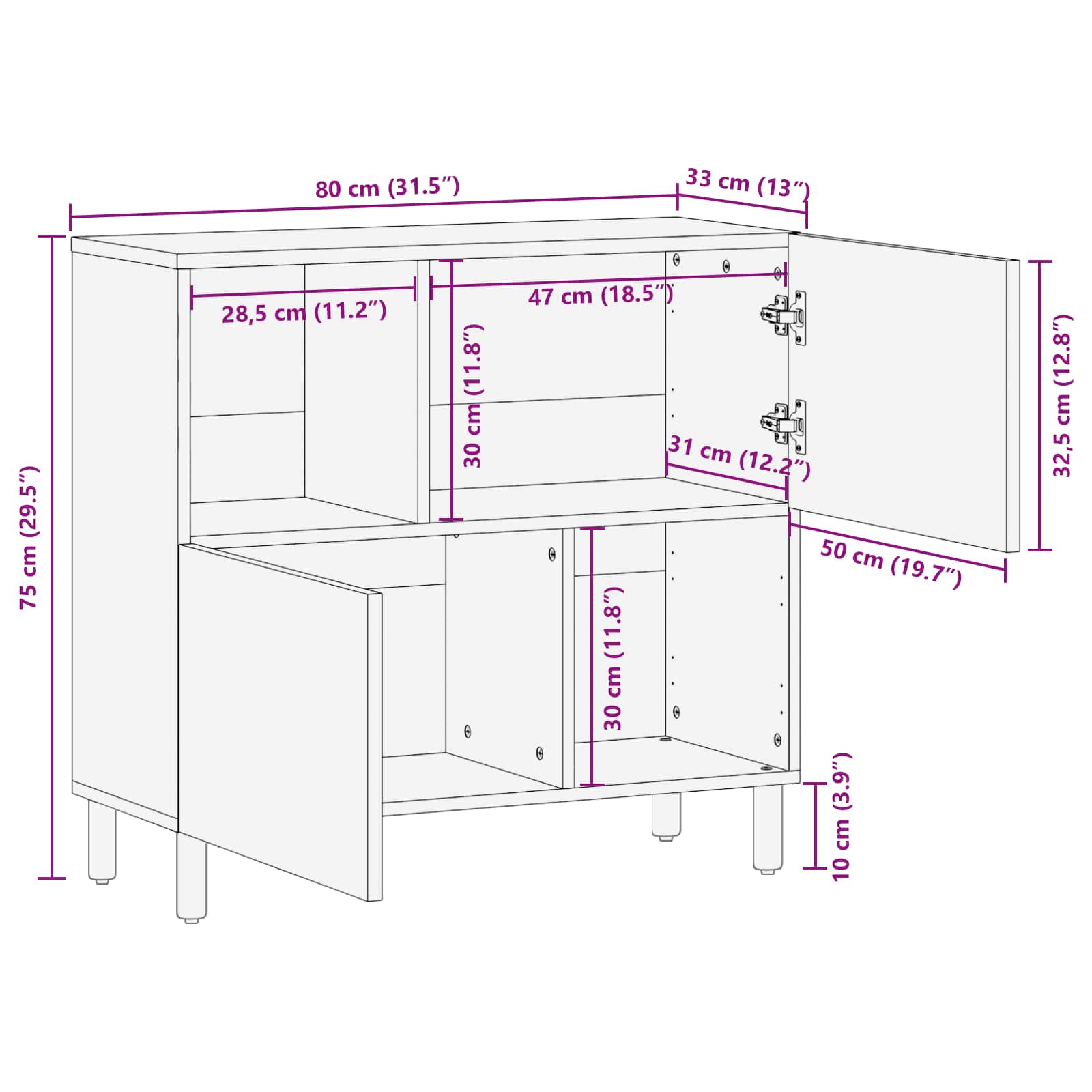 Sideboard mit Speicher Akazienbraune Oberfläche 80 x 33 x 75 cm