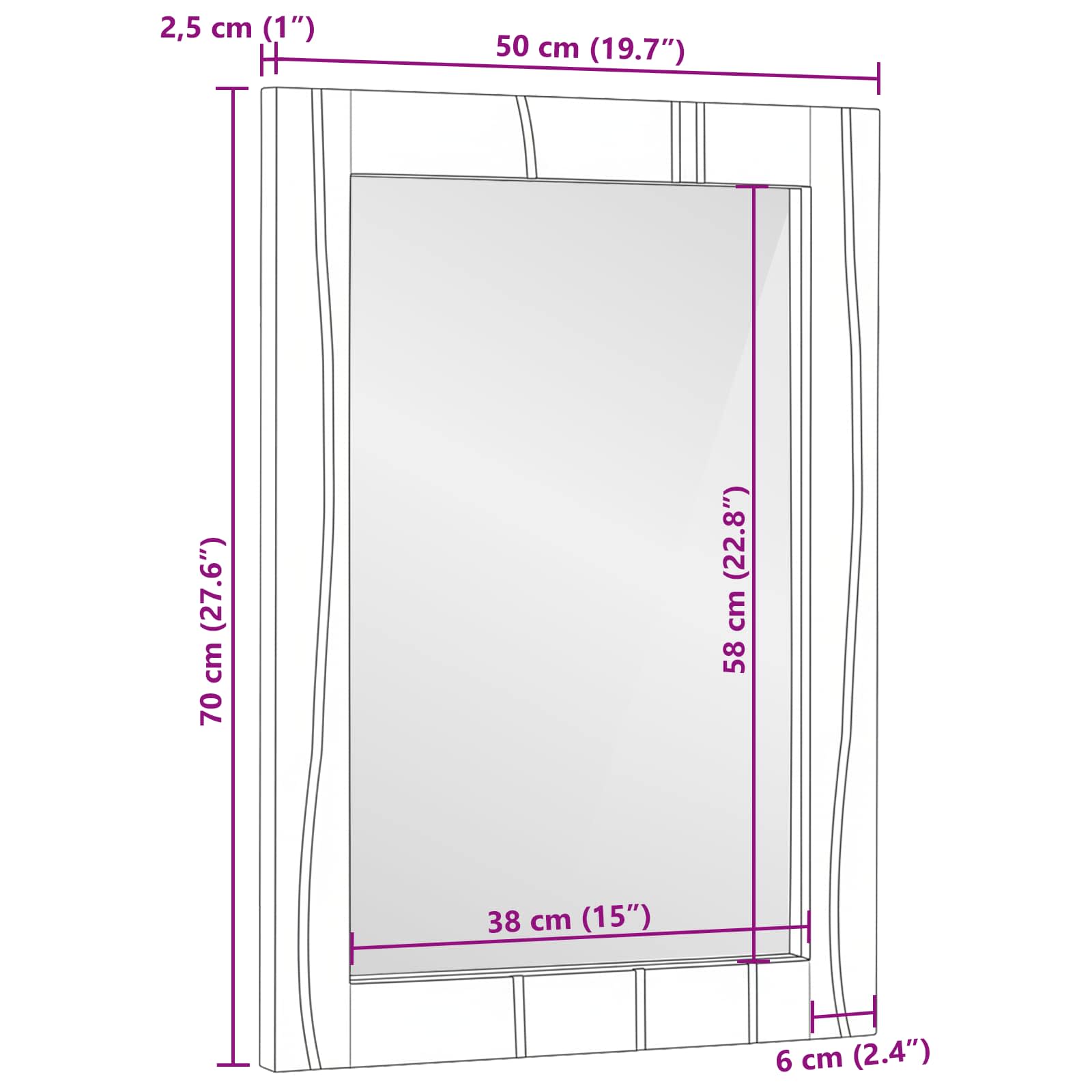 Badezimmer Spiegel Rechtwinklig Natur 50 x 2,5 x 70 cm