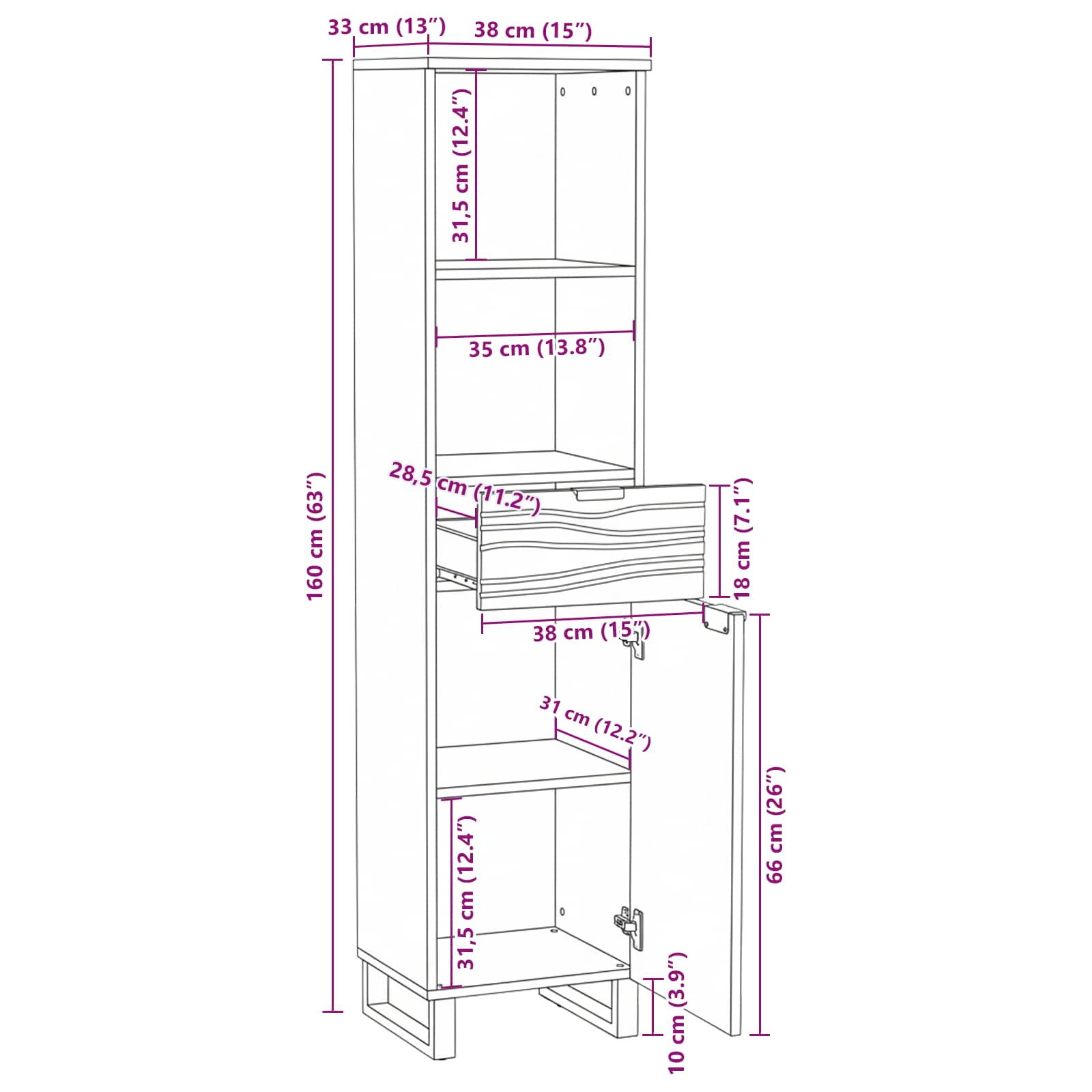 Badezimmerschrank Weiß 38 x 33 x 160 cm Holzwerkstoff