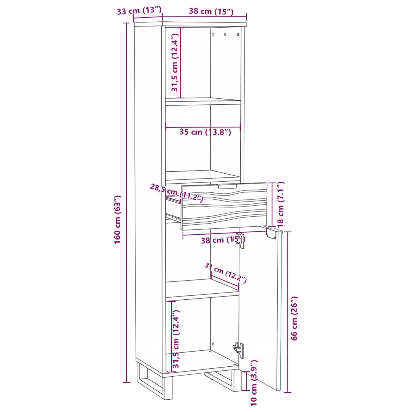 Badezimmerschrank Walnuss 38 x 33 x 160 cm Holzwerkstoff