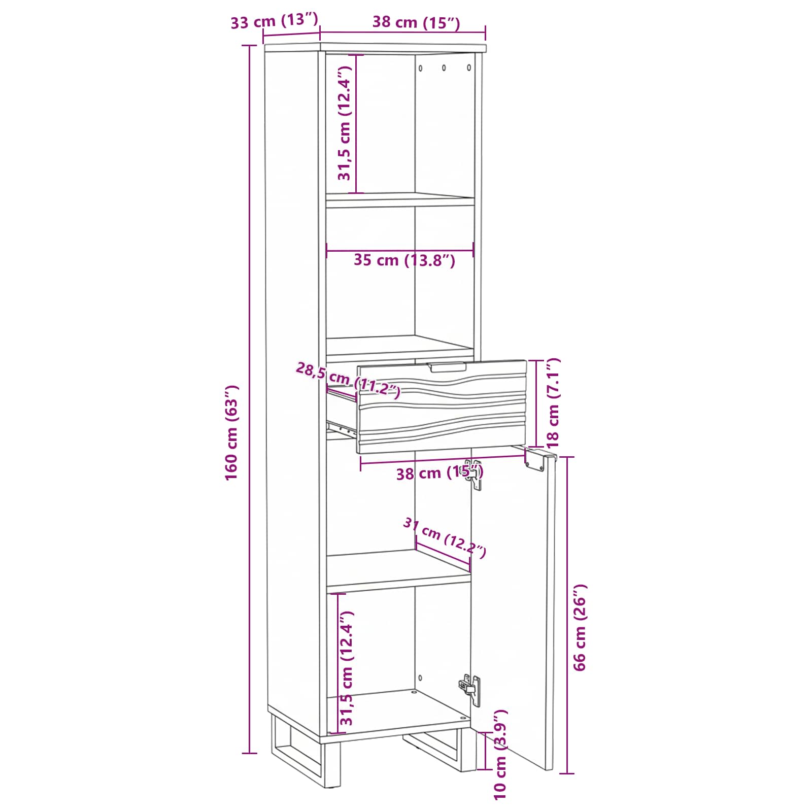 Badezimmerschrank Walnuss 38 x 33 x 160 cm Holzwerkstoff