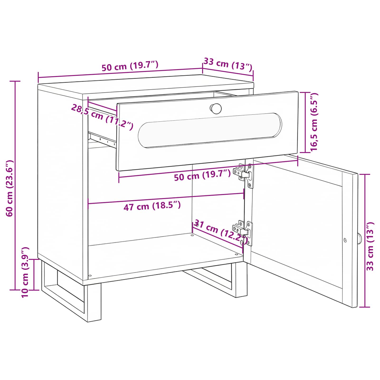 Nachttisch Natur 50 x 33 x 60 cm Massivholz Mango