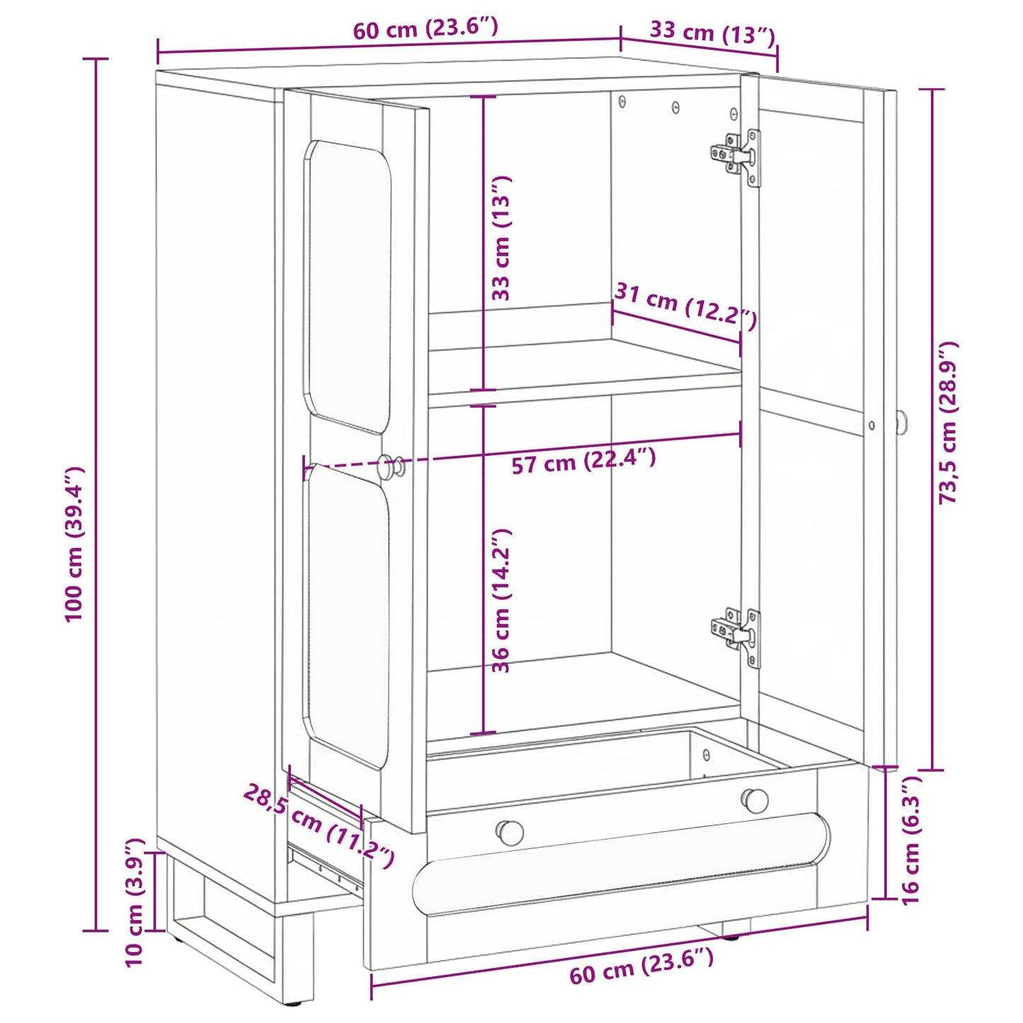 Highboard mit Speicher Braun 40 x 33 x 110 cm Massivholz Mango