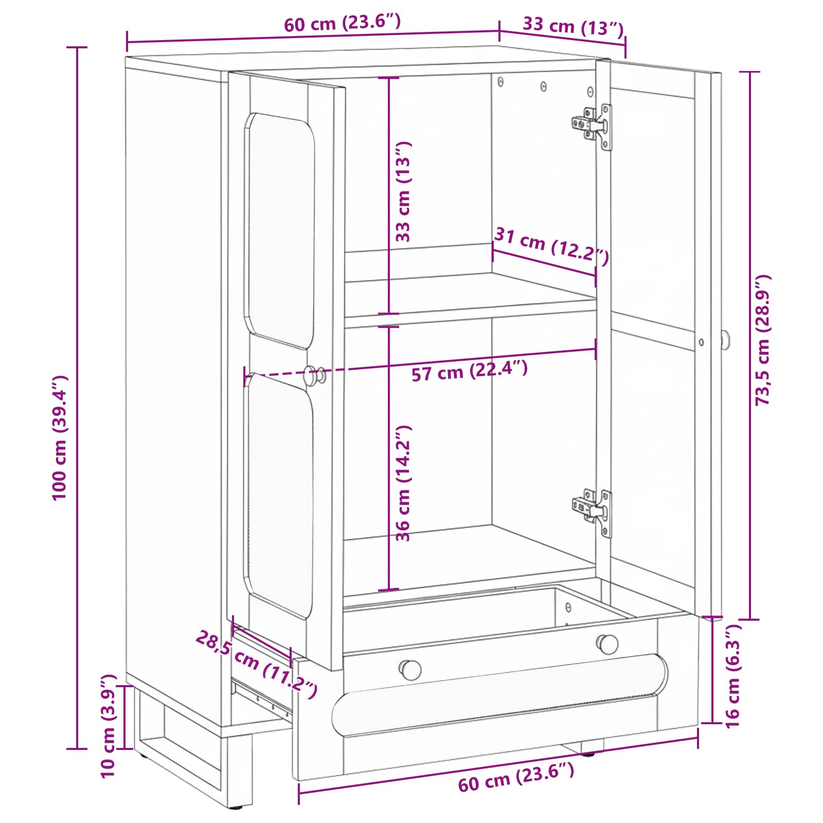 Highboard mit Speicher Braun 40 x 33 x 110 cm Massivholz Mango