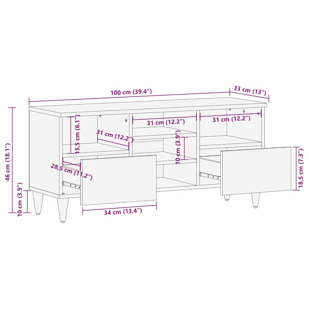 TV-Schränk mit Regal Weiß 100 x 33 x 46 cm massives Mangoholz