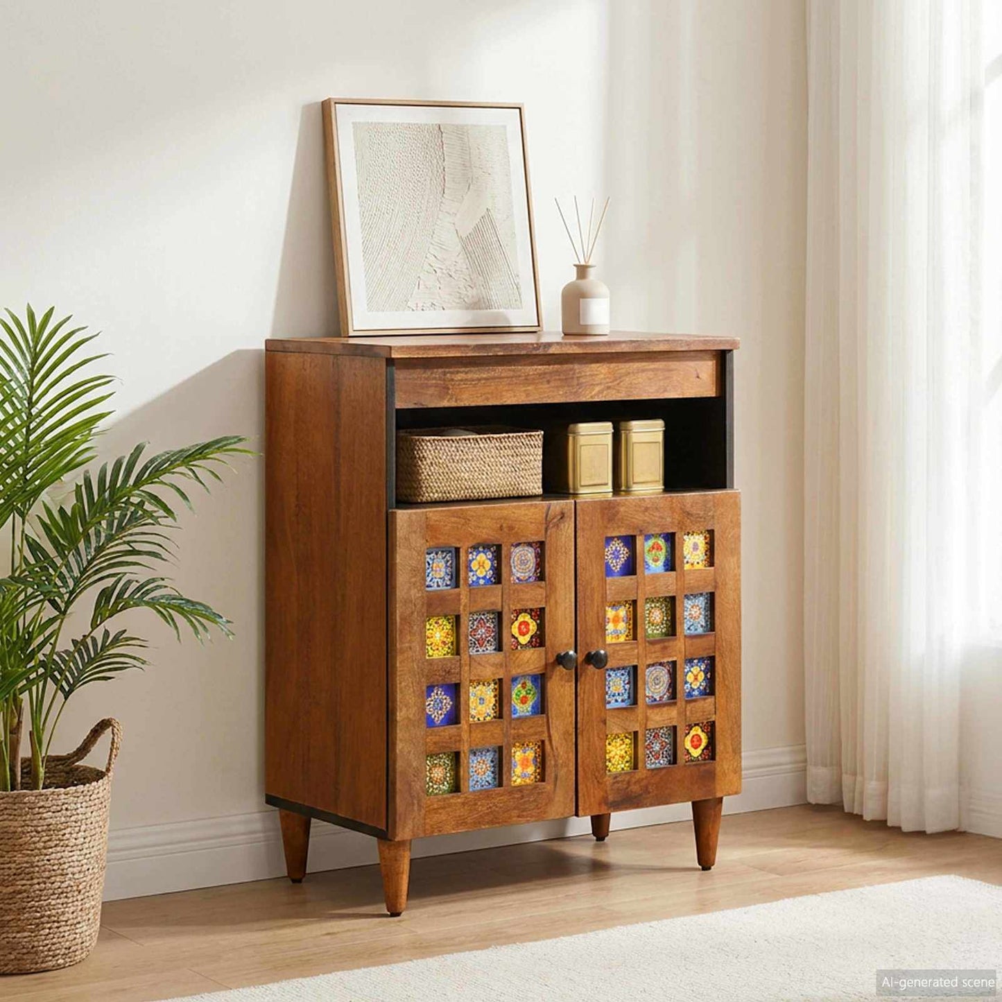 Sideboard mit Speicher Walnuss 60 x 33 x 75 cm Massivholz Mango