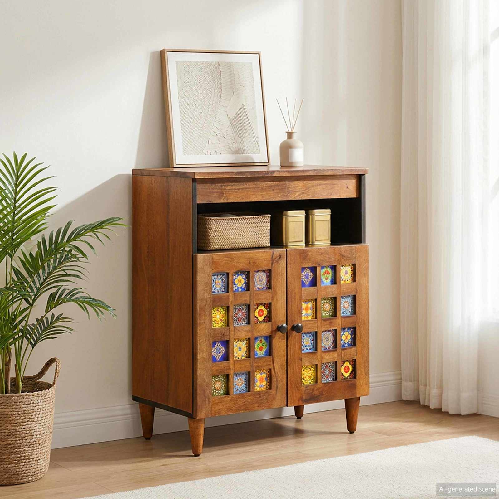 Sideboard mit Speicher Walnuss 60 x 33 x 75 cm Massivholz Mango