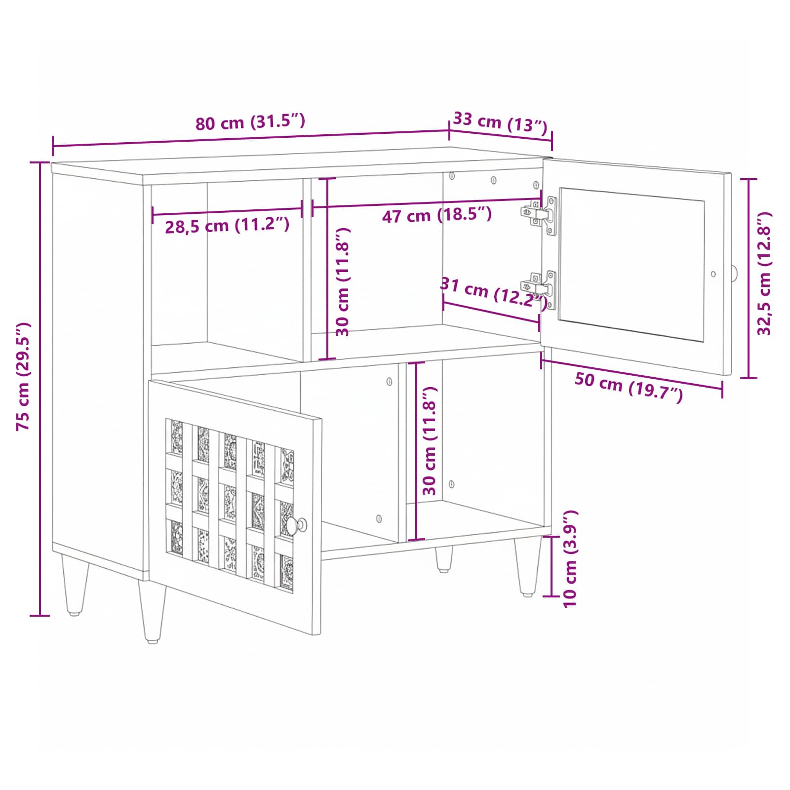 Sideboard mit Speicher Walnuss 80 x 33 x 75 cm Massivholz Mango