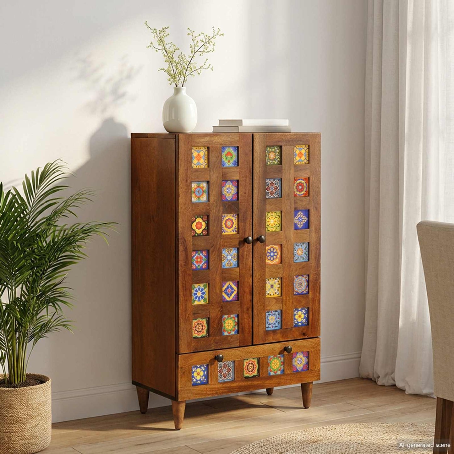 Highboard mit Tür Walnuss 60 x 33,5 x 100 cm Massivholz Mango