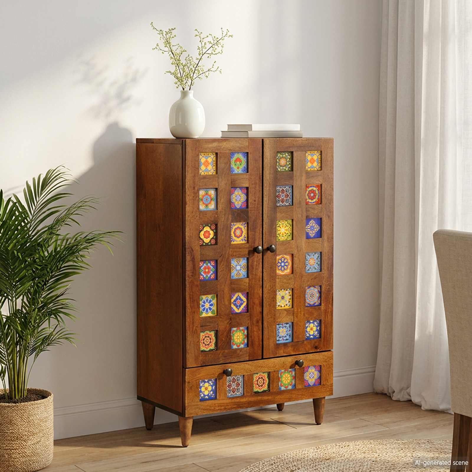Highboard mit Tür Walnuss 60 x 33,5 x 100 cm Massivholz Mango
