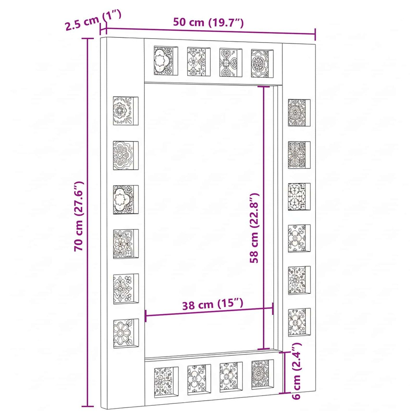 Badezimmer Spiegel Walnuss 50 x 70 x 2,5 cm Massivholz Mango