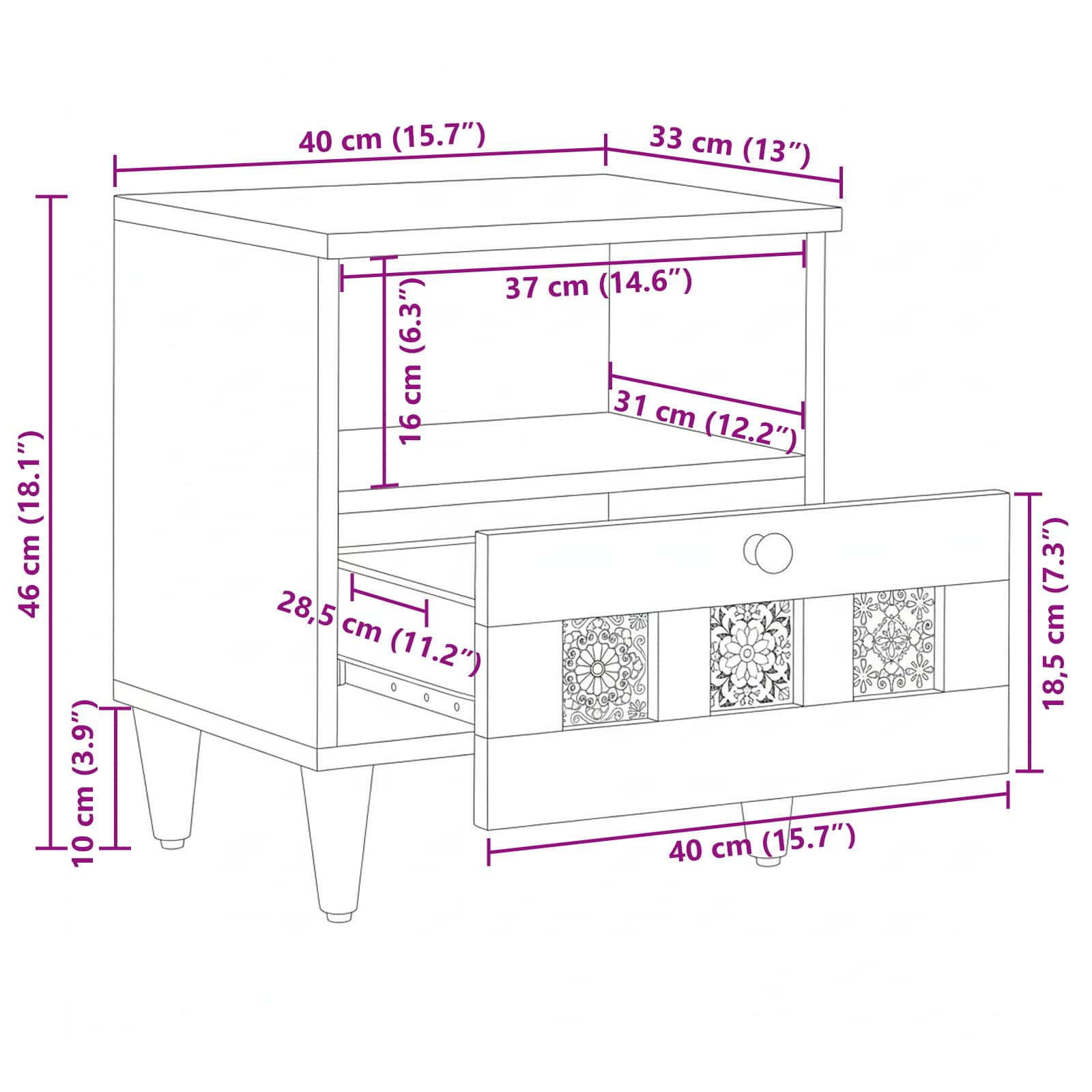 Nachttisch Natur 40 x 33 x 46 cm Massivholz Mango
